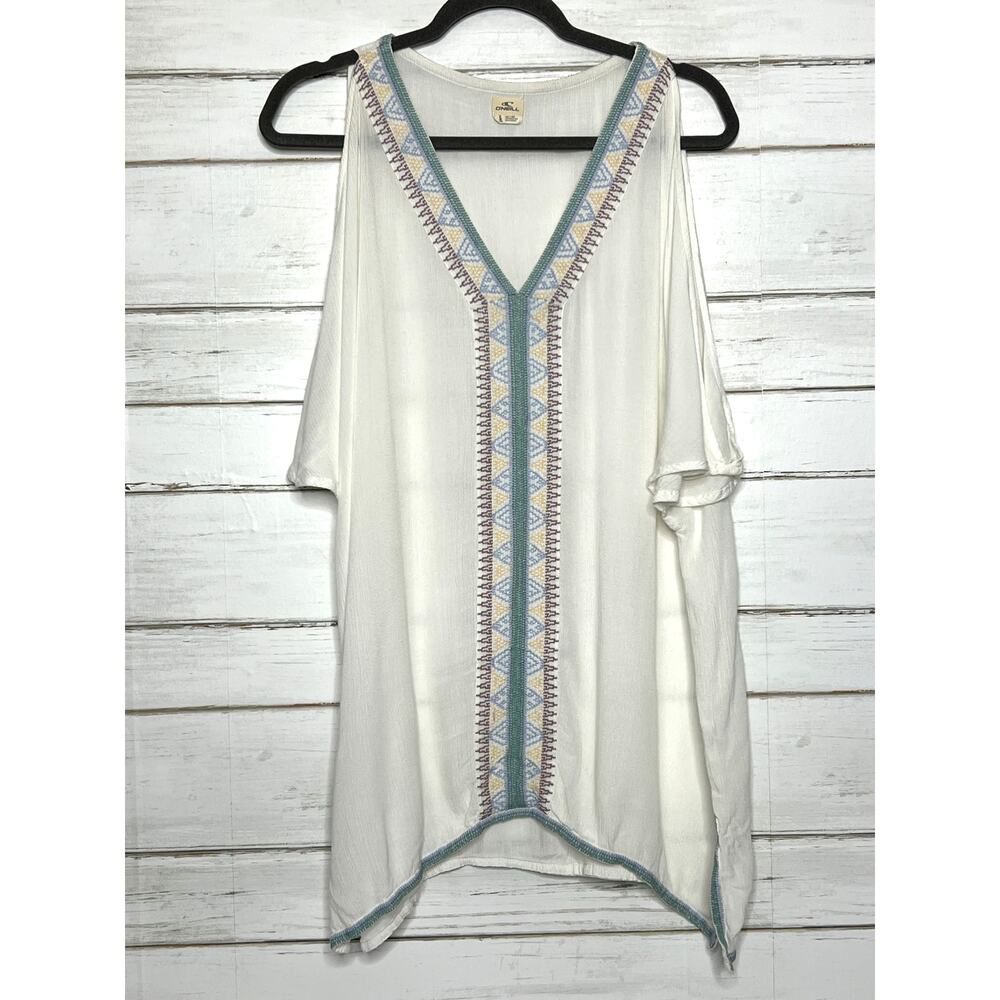 O’Neill Boho Tunic Top Small Ivory Embroidered V Neck Flowy Beach Cover Up